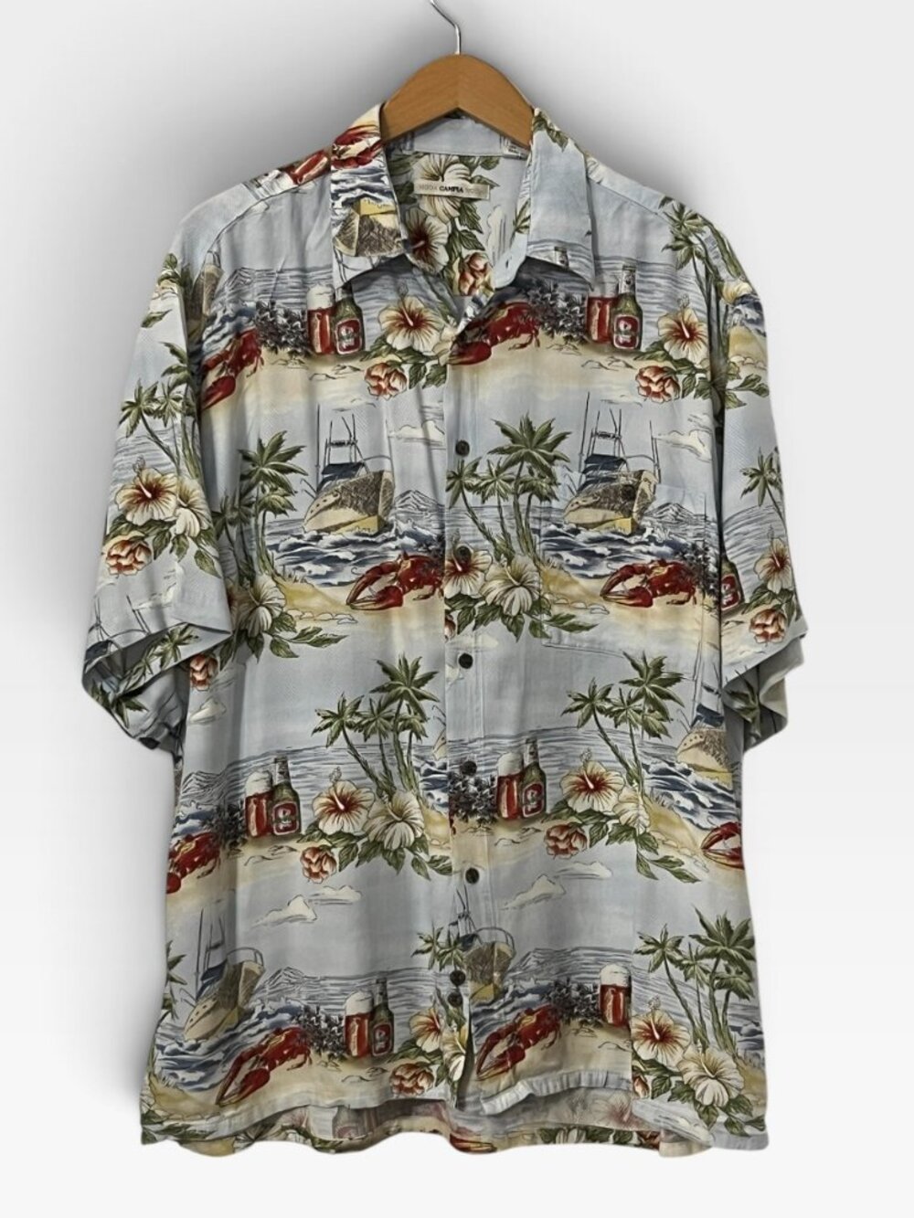 Vintage-Style Campia Moda Aloha Shirt Coastal Beach Lobster Bar Print Rayon Camp